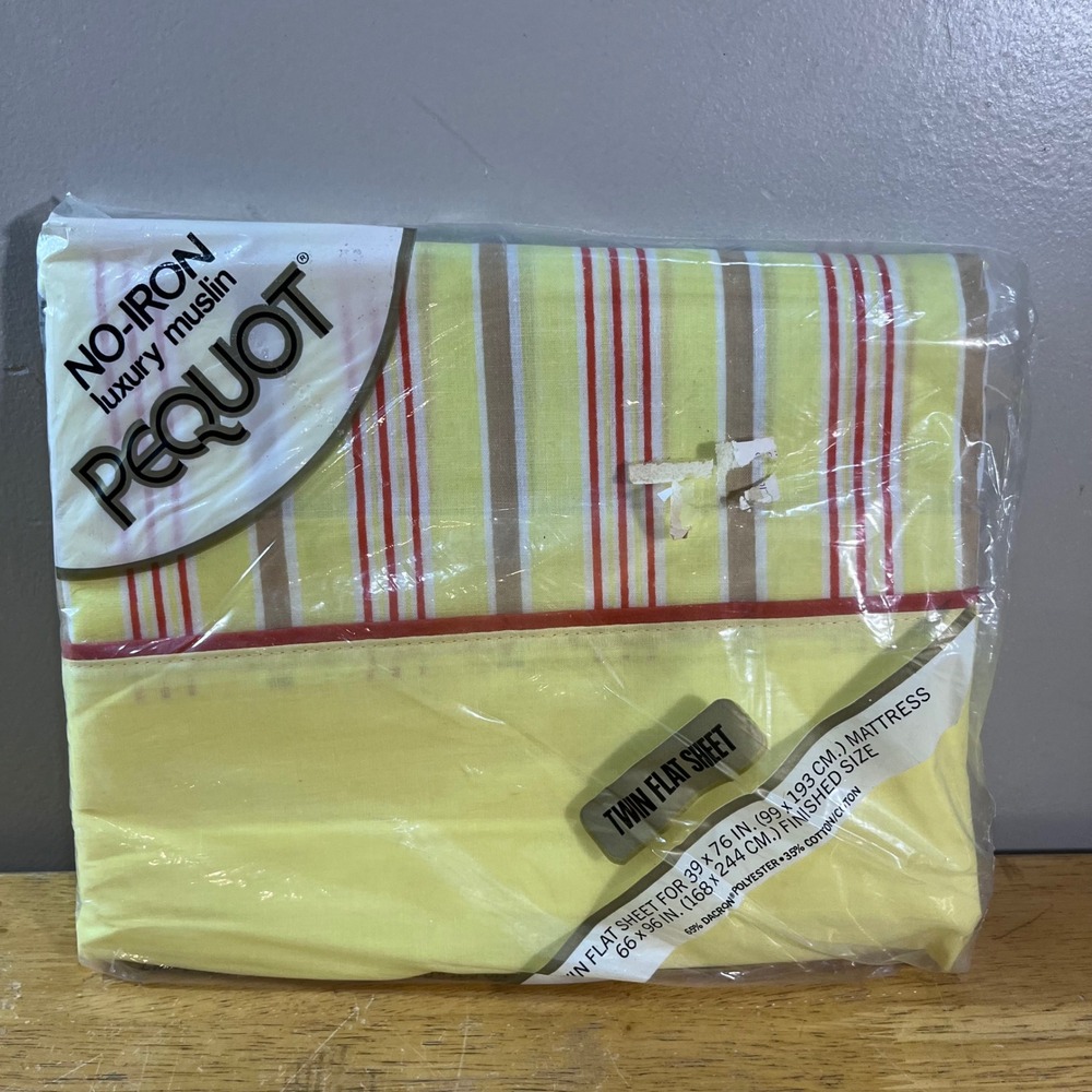 Vtg Pequot Studio Stripe Twin Flat Sheet Yellow Red Tan No-Iron Muslin NOS